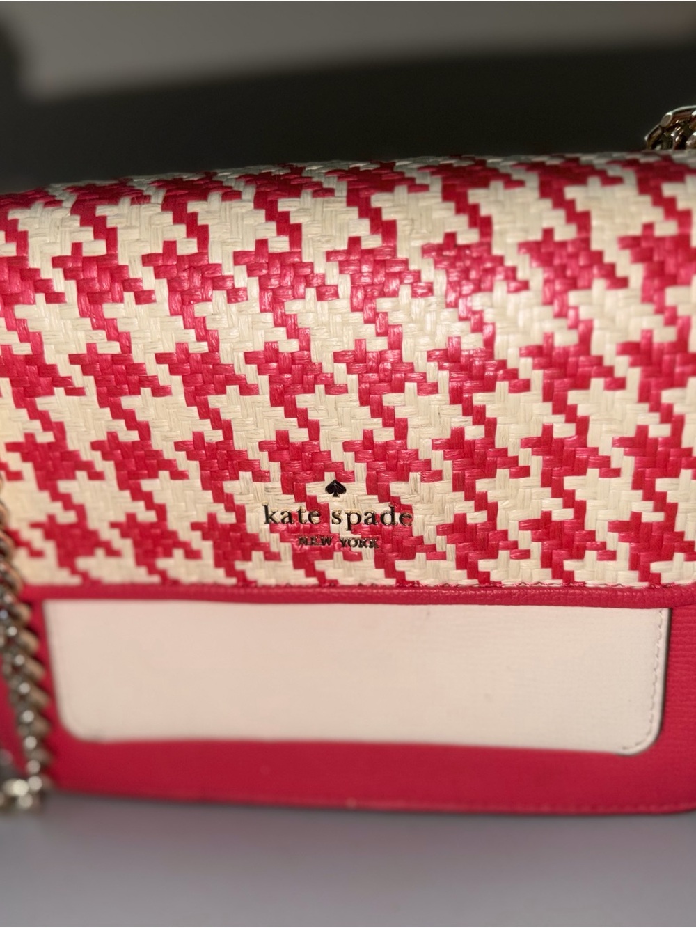 kate spade Pink & White Woven Houndstooth Crossbody with Chain